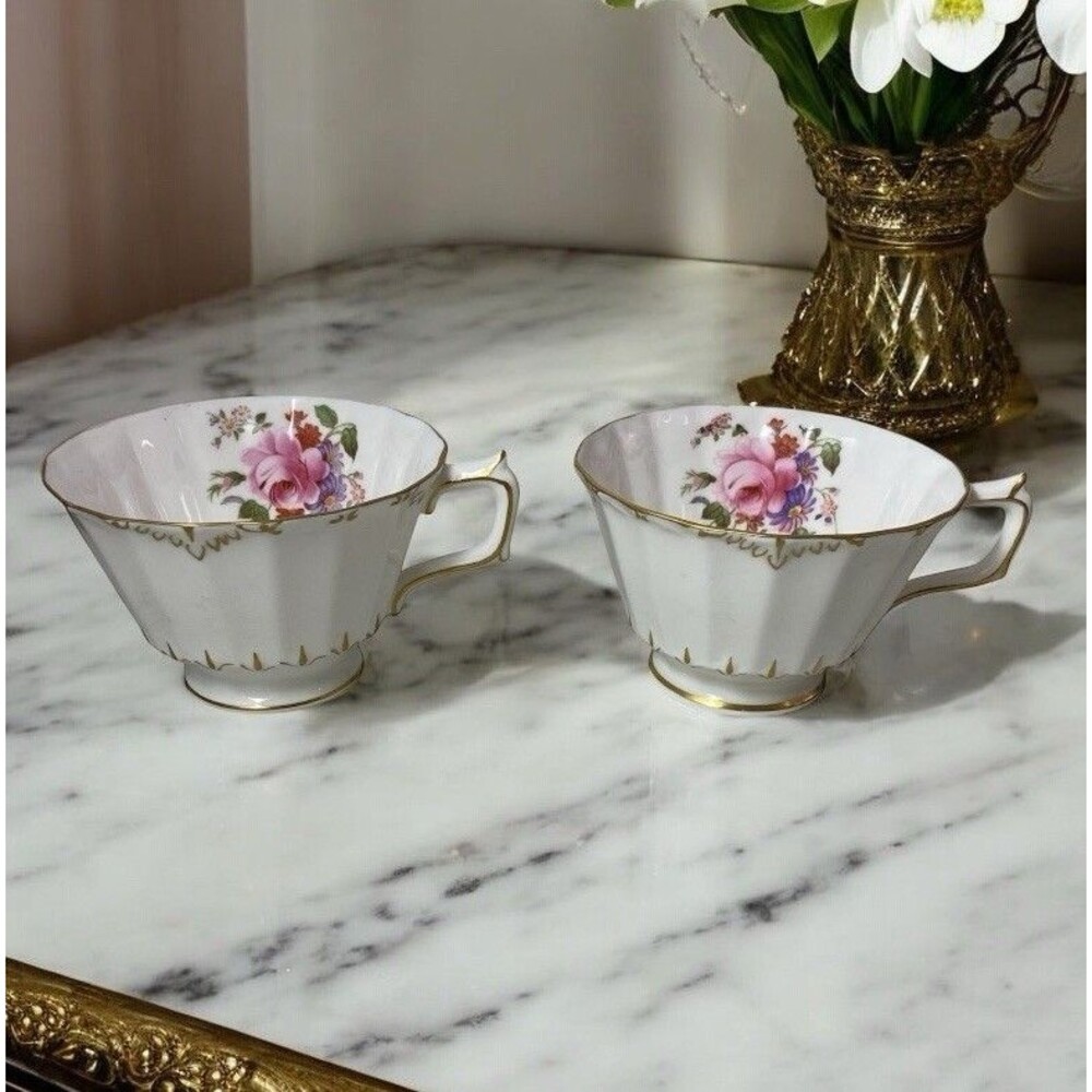 VTG Royal Crown Derby Ashby Teacup Floral WitbtGold Trim Set Of 2 No Saucer